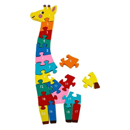 Puzzle din Lemn cu Cifre Colorate Girafa 11x28cm - PuzzleJoy