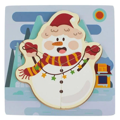 Puzzle din Lemn de Craciun cu Om de Zapada 18x18cm - (3 piese) - PuzzleJoy