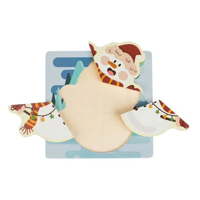 Puzzle din Lemn de Craciun cu Om de Zapada 18x18cm - (3 piese) - PuzzleJoy