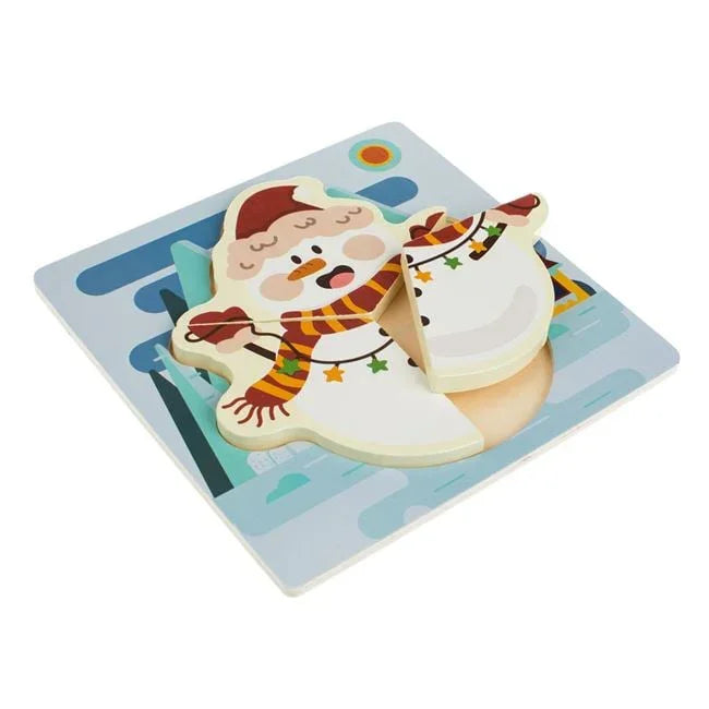 Puzzle din Lemn de Craciun cu Om de Zapada 18x18cm - (3 piese) - PuzzleJoy