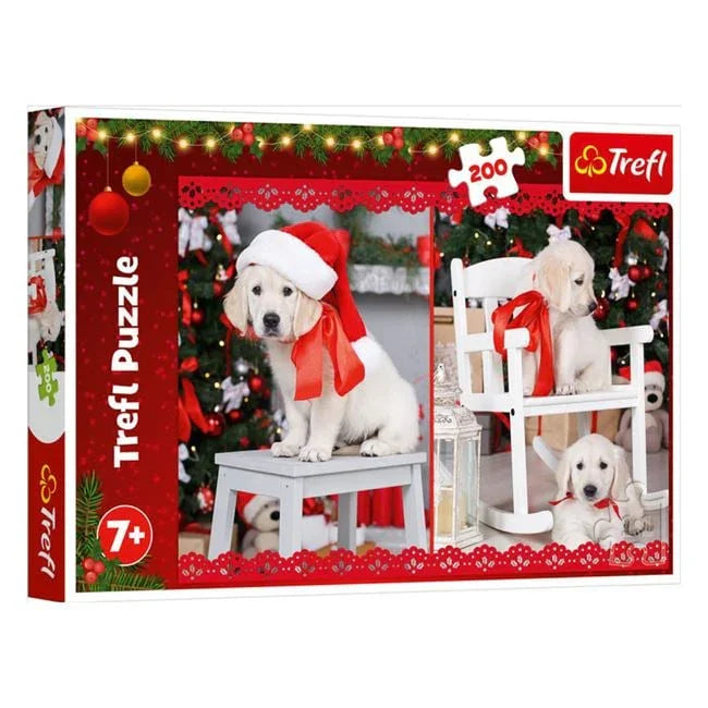 Puzzle de Craciun Catelusi cu Fundita Rosie (200 de Piese) - Trefl - PuzzleJoy