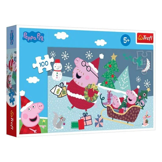 Puzzle de Craciun Peppa Pig cu Familia in Sanie (100 de piese) - Trefl - PuzzleJoy