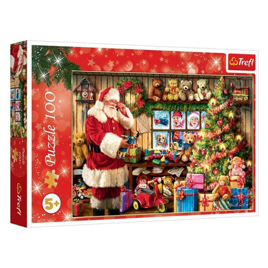 Puzzle de Crăciun Vintage – Moș Crăciun cu Jucării, 100 piese (Trefl) - PuzzleJoy