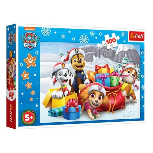 Puzzle de Crăciun Paw Patrol cu Sac Plin de Cadouri – 100 piese (Trefl) - PuzzleJoy