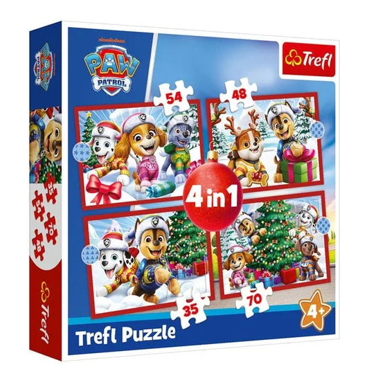 Set Puzzle 4 în 1 de Crăciun – Paw Patrol 35/48/54/70 de piese (Trefl) - PuzzleJoy