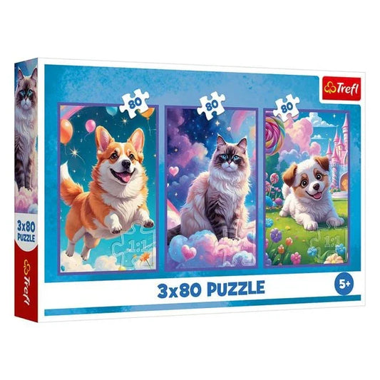 Puzzle Caini Pisici Fantastice 3 in 1 (3 x 80 piese) - Trefl - PuzzleJoy