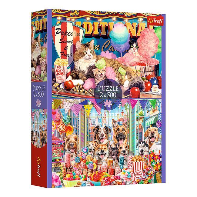Puzzle cu 2 Imagini Caini Pisici cu Dulciuri (2x500 de piese) - Trefl - PuzzleJoy