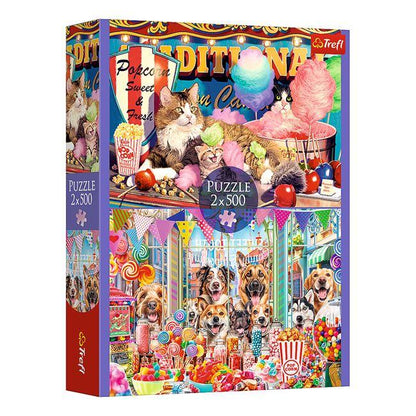 Puzzle cu 2 Imagini Caini Pisici cu Dulciuri (2x500 de piese) - Trefl - PuzzleJoy